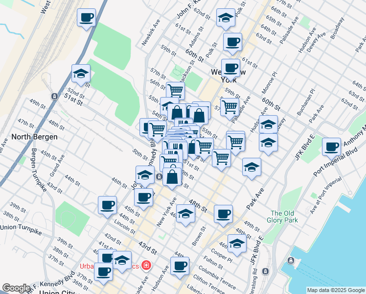 map of restaurants, bars, coffee shops, grocery stores, and more near in West New York