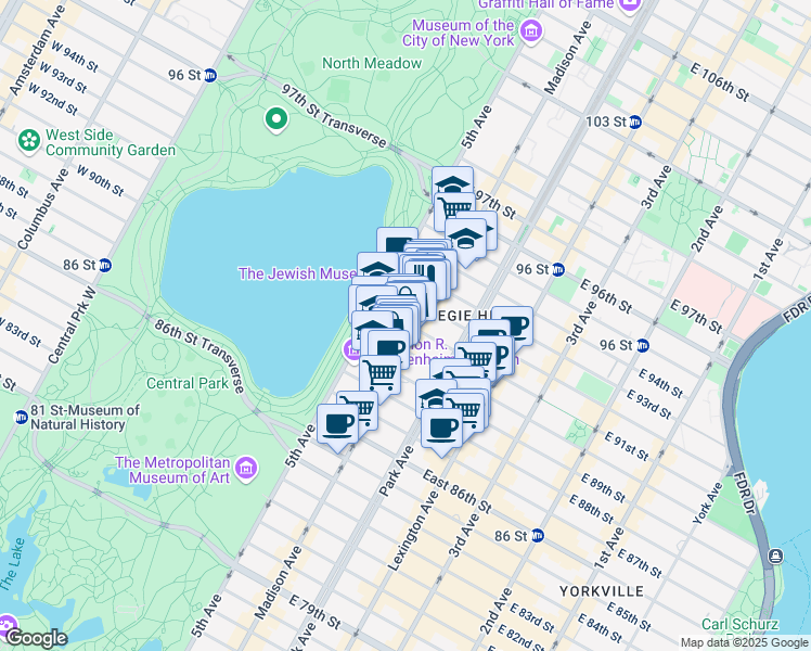 map of restaurants, bars, coffee shops, grocery stores, and more near 22 East 91st Street in New York