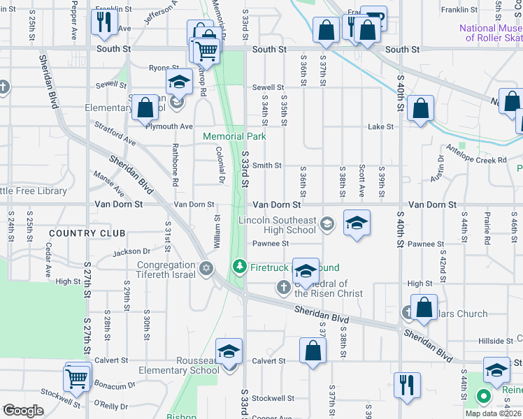 map of restaurants, bars, coffee shops, grocery stores, and more near 2839 South 34th Street in Lincoln