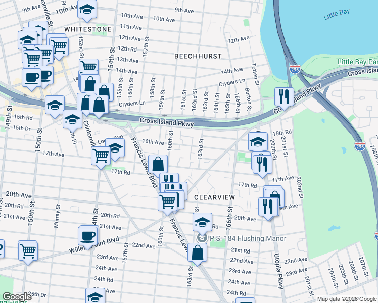 map of restaurants, bars, coffee shops, grocery stores, and more near 160-17 17th Avenue in Queens