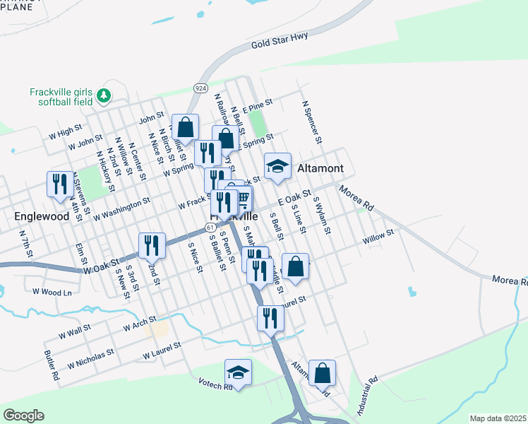 map of restaurants, bars, coffee shops, grocery stores, and more near 110 East Oak Street in Frackville