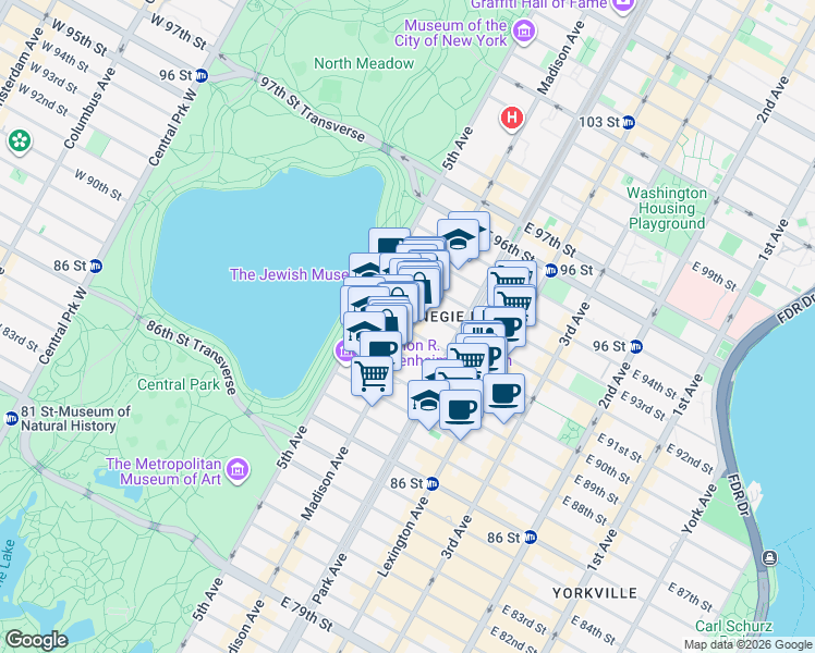 map of restaurants, bars, coffee shops, grocery stores, and more near 64 East 91st Street in New York