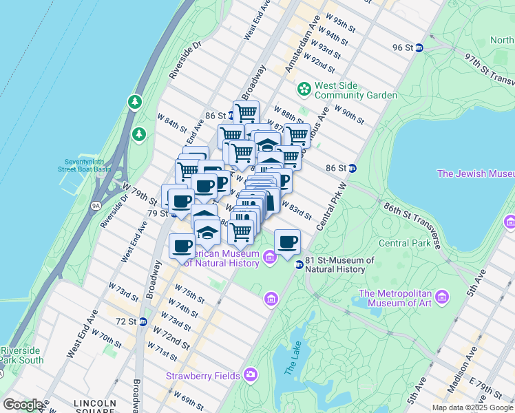 map of restaurants, bars, coffee shops, grocery stores, and more near 112 West 82nd Street in New York