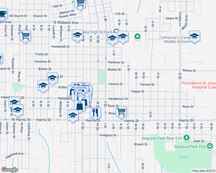 map of restaurants, bars, coffee shops, grocery stores, and more near 824 Hayes Street in Eureka
