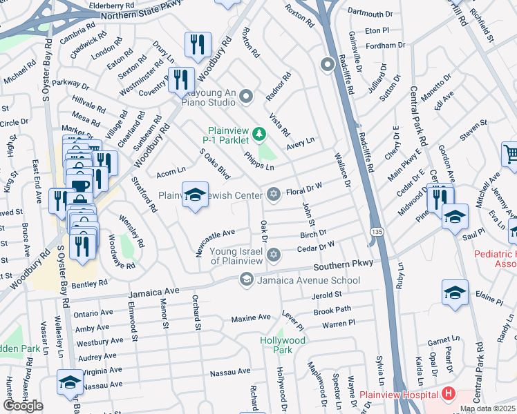 map of restaurants, bars, coffee shops, grocery stores, and more near 111 Plymouth Road in Plainview