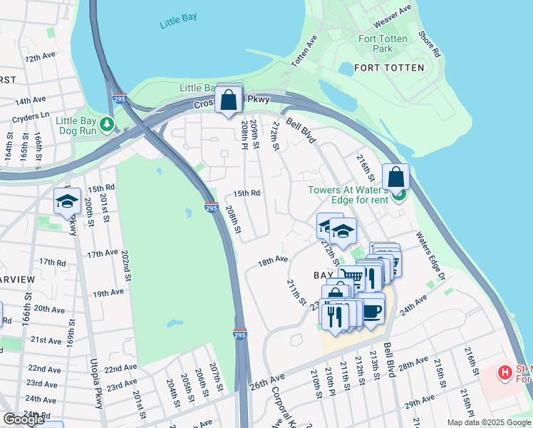 map of restaurants, bars, coffee shops, grocery stores, and more near 15-89 208th Place in Queens
