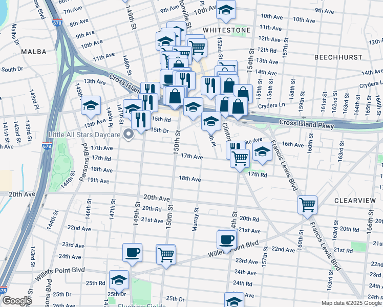 map of restaurants, bars, coffee shops, grocery stores, and more near 17-14 Murray Street in Queens