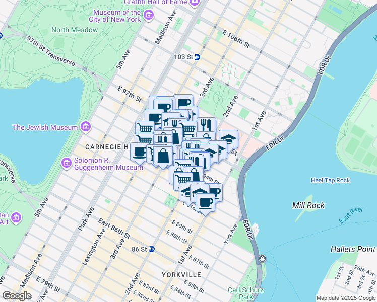 map of restaurants, bars, coffee shops, grocery stores, and more near 239 East 94th Street in New York
