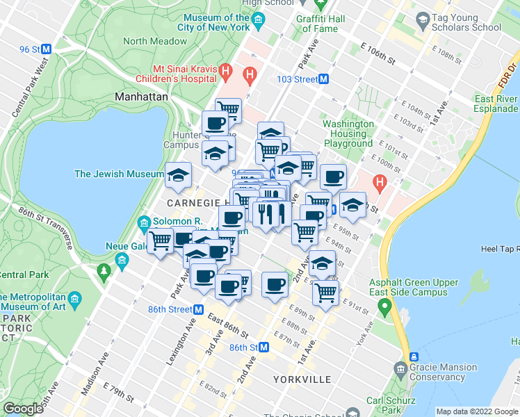 map of restaurants, bars, coffee shops, grocery stores, and more near 176 East 93rd Street in New York