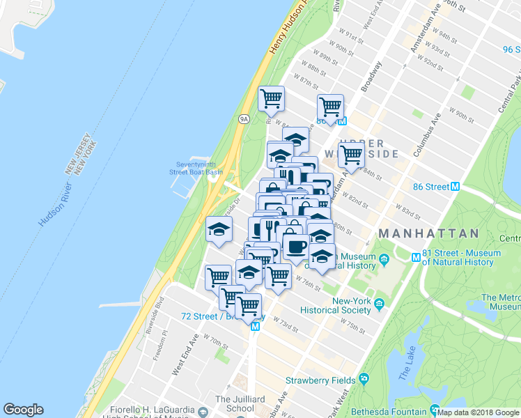map of restaurants, bars, coffee shops, grocery stores, and more near 262 West 78th Street in New York