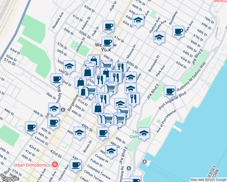 map of restaurants, bars, coffee shops, grocery stores, and more near 234 54th Street in West New York