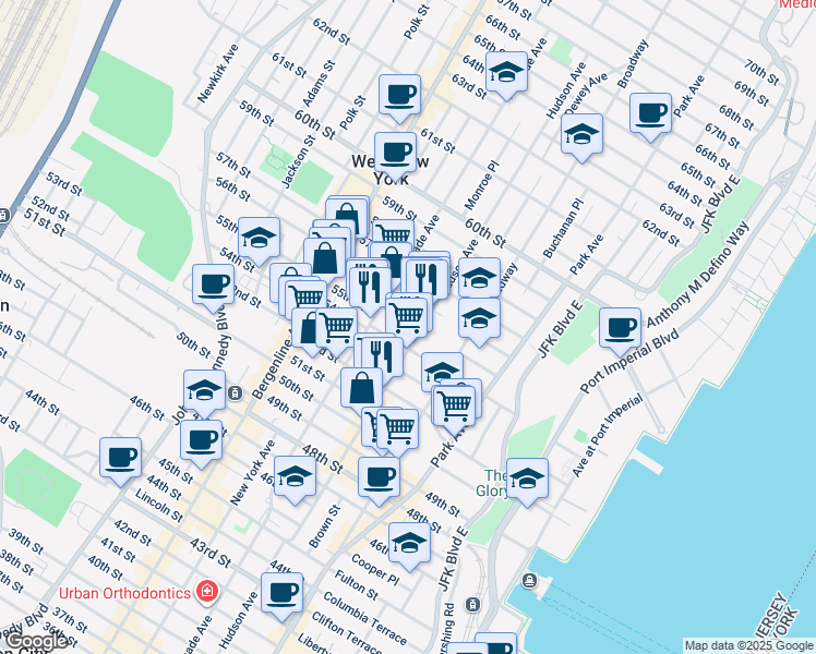 map of restaurants, bars, coffee shops, grocery stores, and more near 5311 Hudson Avenue in West New York