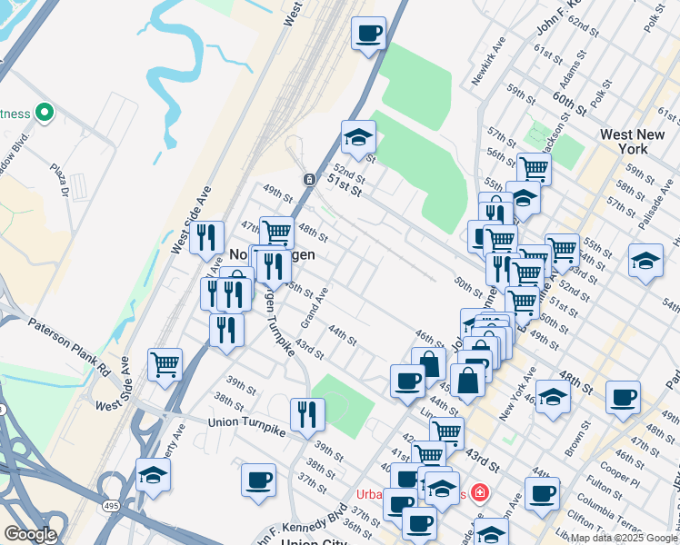 map of restaurants, bars, coffee shops, grocery stores, and more near 1439 46th Street in North Bergen