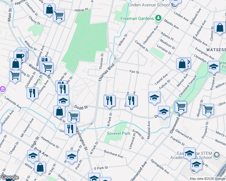 map of restaurants, bars, coffee shops, grocery stores, and more near 205 North Park Street in East Orange