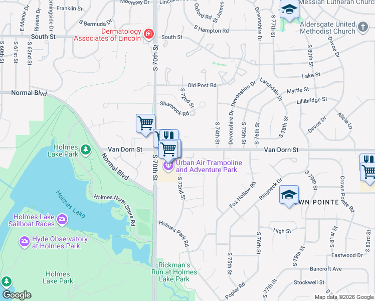 map of restaurants, bars, coffee shops, grocery stores, and more near 2810 South 72nd Street in Lincoln