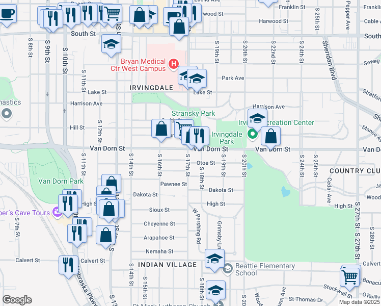 map of restaurants, bars, coffee shops, grocery stores, and more near 1727 Otoe Street in Lincoln