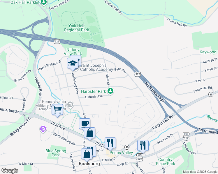 map of restaurants, bars, coffee shops, grocery stores, and more near 300 Kimport Avenue in Boalsburg