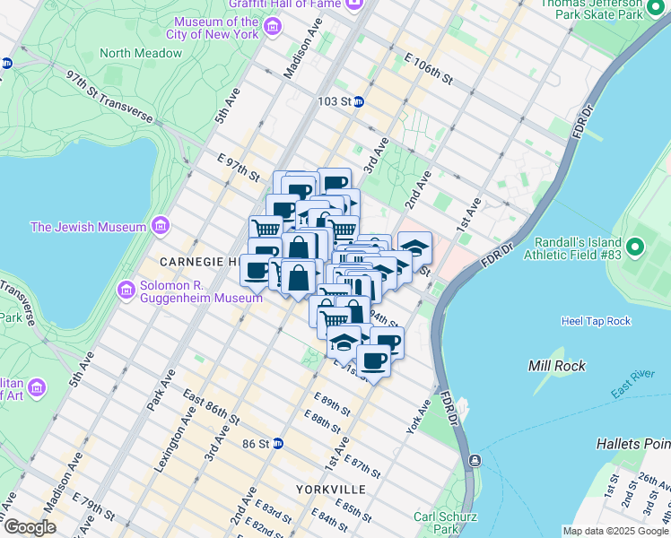 map of restaurants, bars, coffee shops, grocery stores, and more near 239 East 94th Street in New York