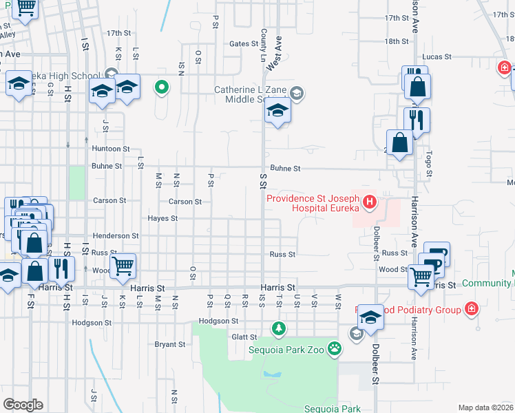 map of restaurants, bars, coffee shops, grocery stores, and more near 2707 S Street in Eureka
