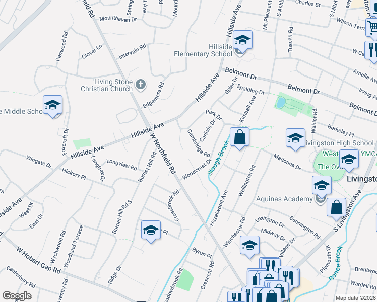 map of restaurants, bars, coffee shops, grocery stores, and more near 24 Manor Road in Livingston
