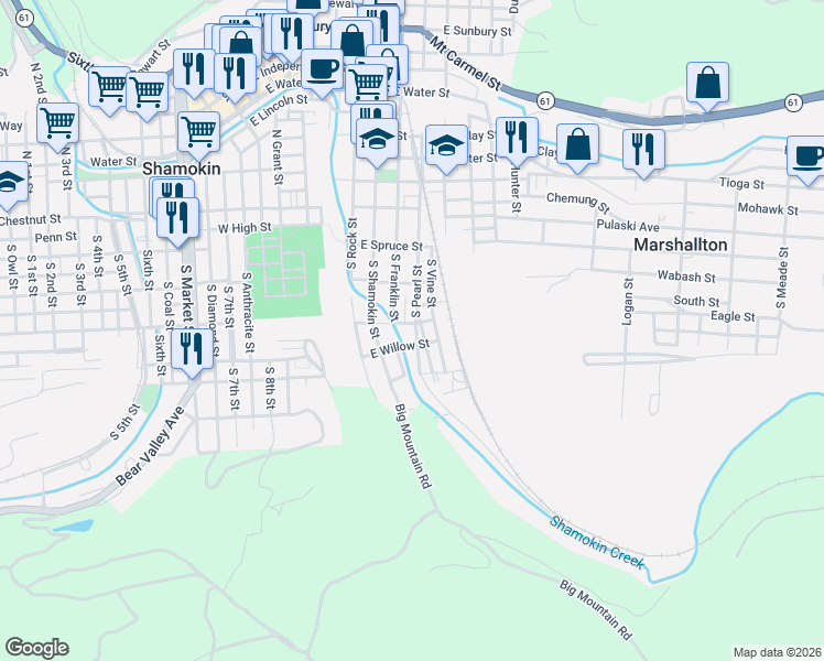 map of restaurants, bars, coffee shops, grocery stores, and more near 401-499 South Pearl Street in Shamokin