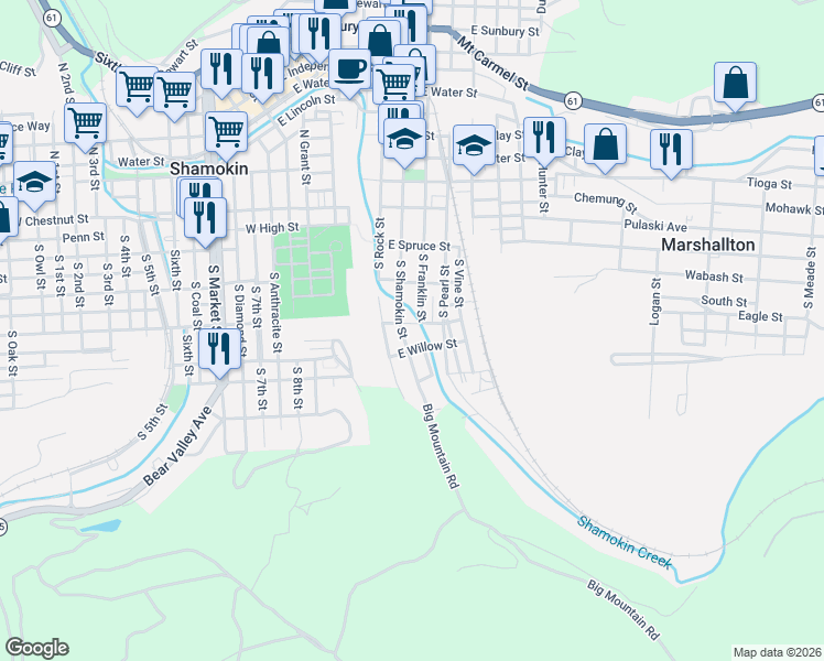 map of restaurants, bars, coffee shops, grocery stores, and more near 401 South Shamokin Street in Shamokin