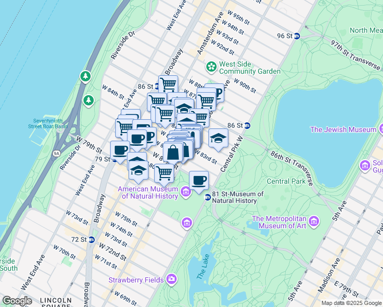 map of restaurants, bars, coffee shops, grocery stores, and more near 471 Columbus Avenue in New York