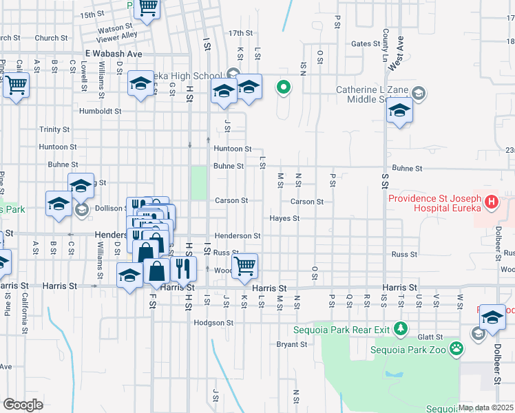 map of restaurants, bars, coffee shops, grocery stores, and more near 2707 L Street in Eureka