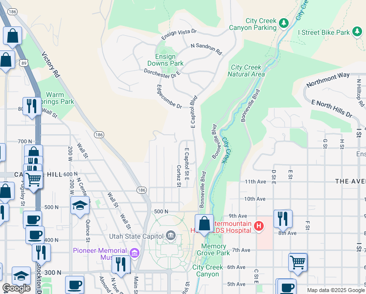 map of restaurants, bars, coffee shops, grocery stores, and more near 692 Cortez Street in Salt Lake City