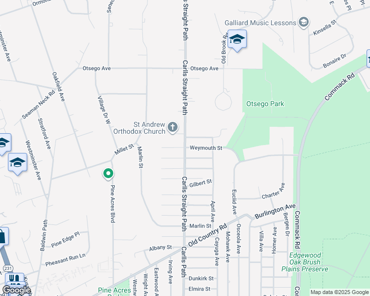 map of restaurants, bars, coffee shops, grocery stores, and more near Carlls Straight Path & Weymouth Street in Huntington Station