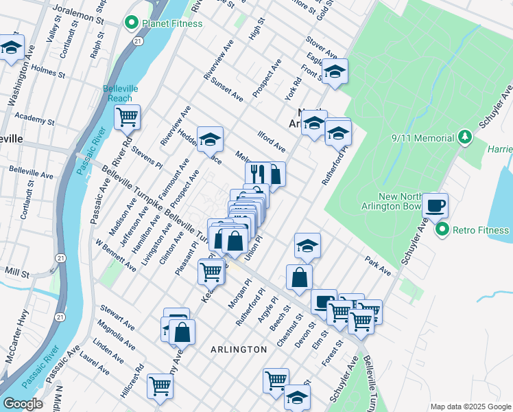 map of restaurants, bars, coffee shops, grocery stores, and more near 77 Ridge Road in North Arlington