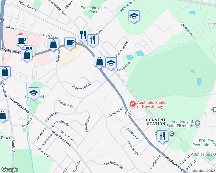 map of restaurants, bars, coffee shops, grocery stores, and more near 299 Madison Avenue in Morristown