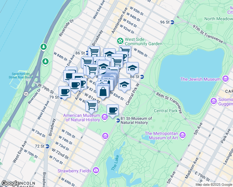 map of restaurants, bars, coffee shops, grocery stores, and more near 49 West 83rd Street in New York