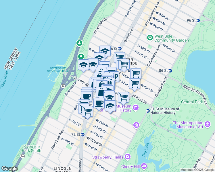 map of restaurants, bars, coffee shops, grocery stores, and more near 205 West 80th Street in New York