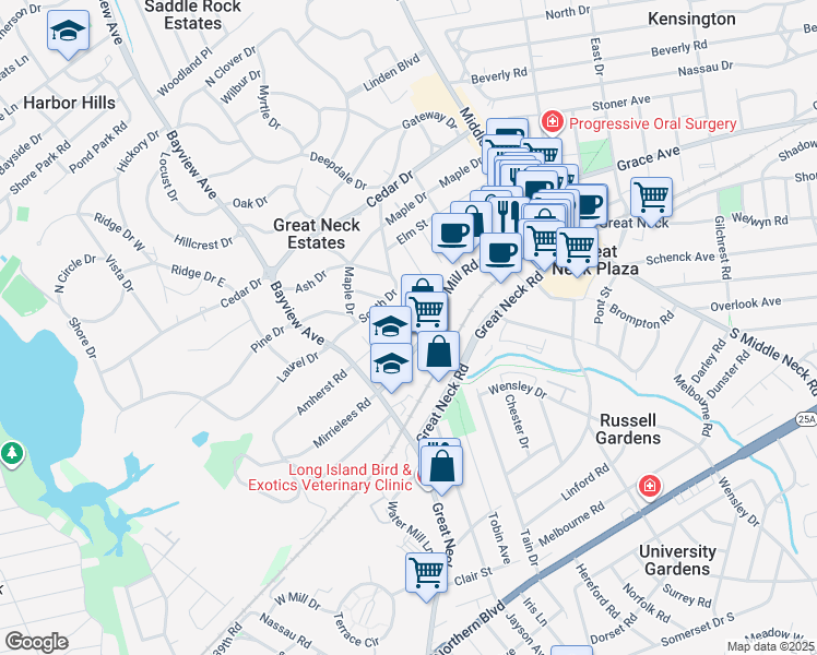 map of restaurants, bars, coffee shops, grocery stores, and more near 98 Cuttermill Road in Great Neck Plaza