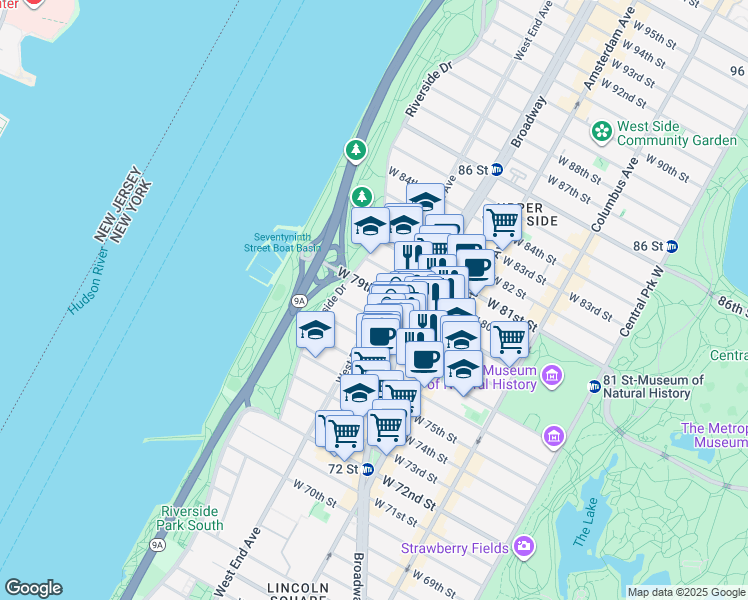 map of restaurants, bars, coffee shops, grocery stores, and more near 262 West 78th Street in New York