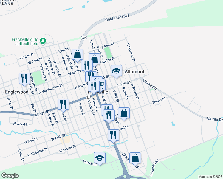 map of restaurants, bars, coffee shops, grocery stores, and more near 116 East Oak Street in Frackville