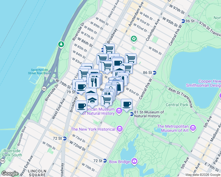 map of restaurants, bars, coffee shops, grocery stores, and more near in New York