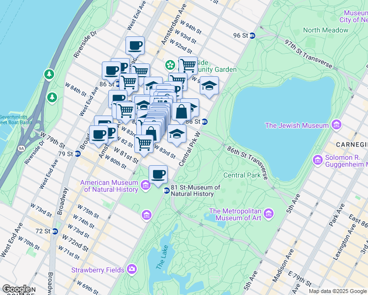 map of restaurants, bars, coffee shops, grocery stores, and more near 32 West 85th Street in New York