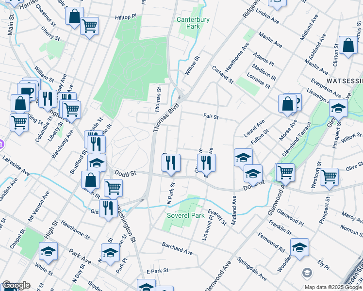 map of restaurants, bars, coffee shops, grocery stores, and more near 255 North Park Street in East Orange