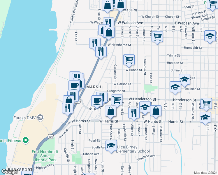 map of restaurants, bars, coffee shops, grocery stores, and more near 2619 Summit Street in Eureka