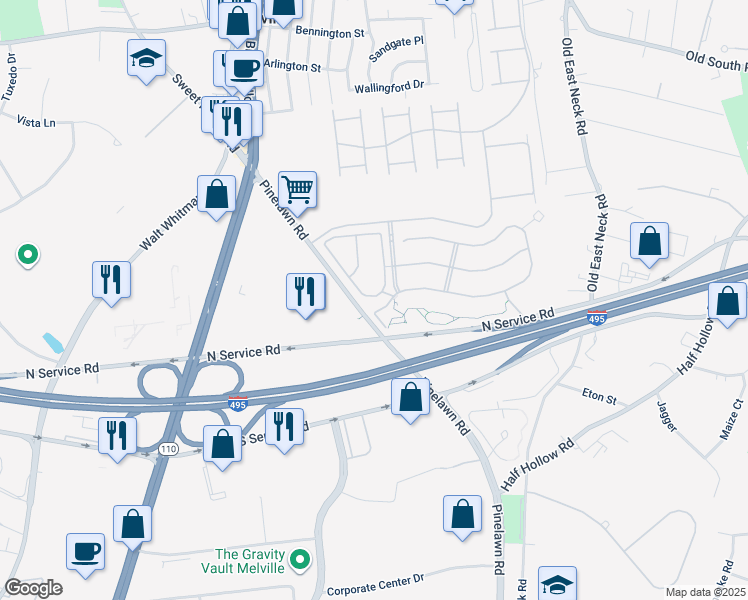 map of restaurants, bars, coffee shops, grocery stores, and more near 162 Brattle Circle in Melville