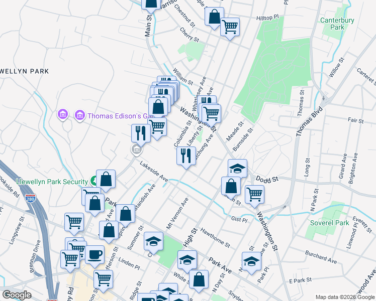 map of restaurants, bars, coffee shops, grocery stores, and more near in West Orange