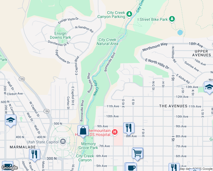map of restaurants, bars, coffee shops, grocery stores, and more near 651 North New Bonneville Place in Salt Lake City