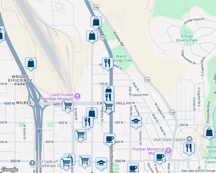 map of restaurants, bars, coffee shops, grocery stores, and more near 315 West 700 North in Salt Lake City