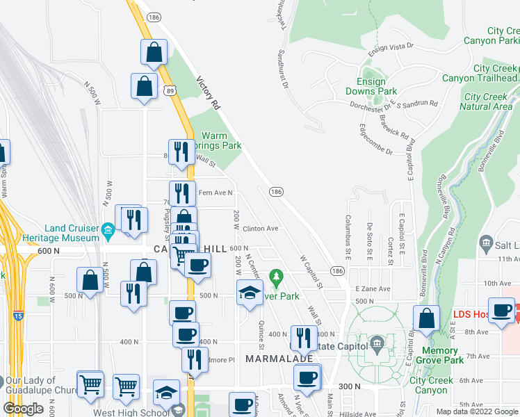 map of restaurants, bars, coffee shops, grocery stores, and more near 686 Wall Street in Salt Lake City