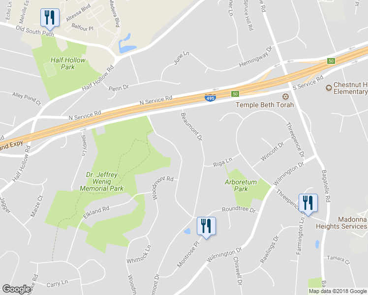 map of restaurants, bars, coffee shops, grocery stores, and more near 10 Beaumont Drive in Melville