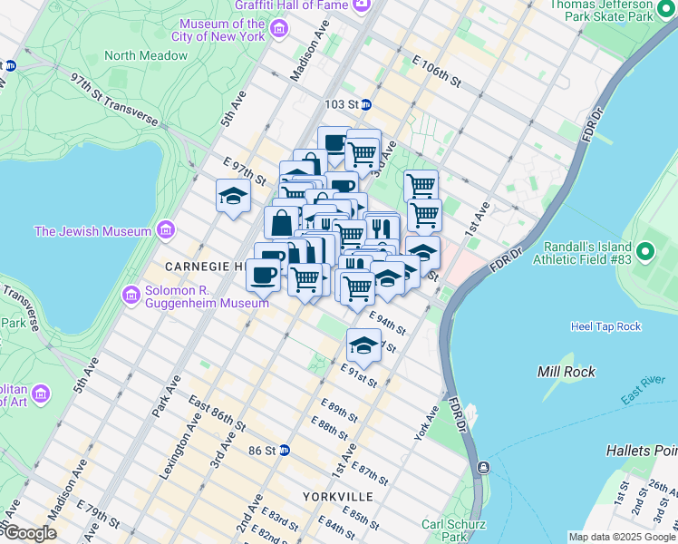 map of restaurants, bars, coffee shops, grocery stores, and more near 215 East 96th Street in New York