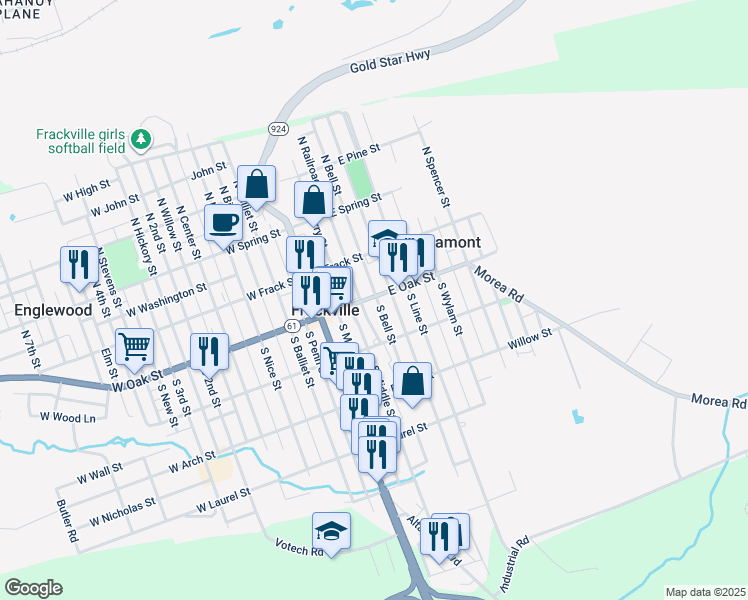 map of restaurants, bars, coffee shops, grocery stores, and more near 116 East Oak Street in Frackville