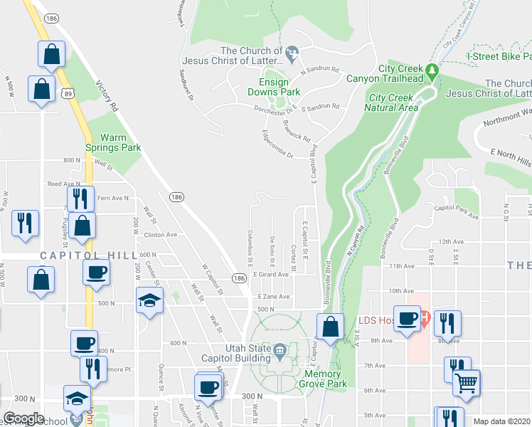 map of restaurants, bars, coffee shops, grocery stores, and more near 12 Columbus Street East in Salt Lake City